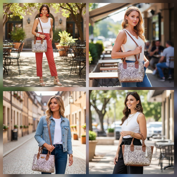 Brown Off White Zippered Floral Embossed Tooled Artisanal LEATHER Bag Purse - Picture 4 of 15